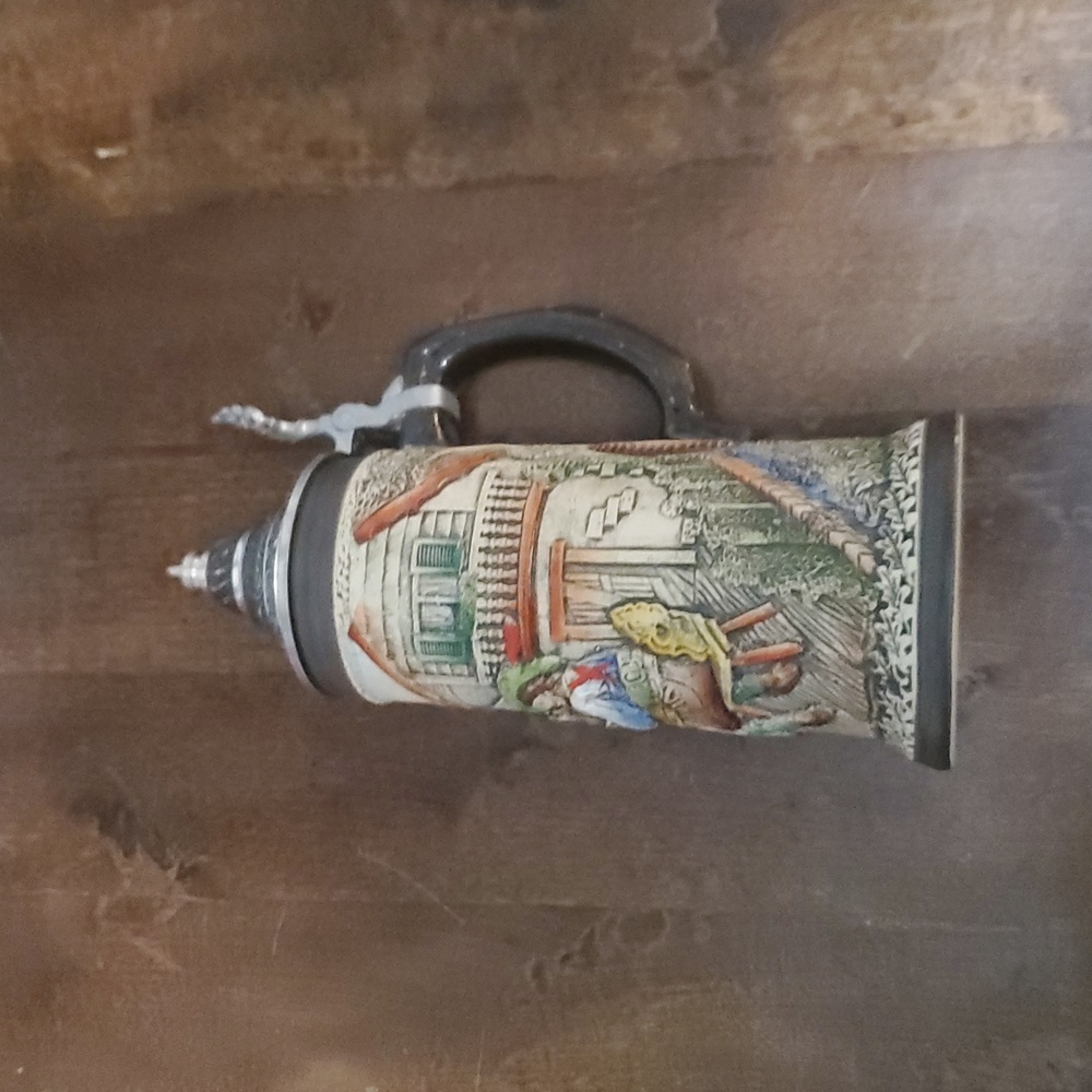 Armin Bay Hand Painted Ceramic Stein with Zinn Pewter Lid. 9-1/2" Tall.